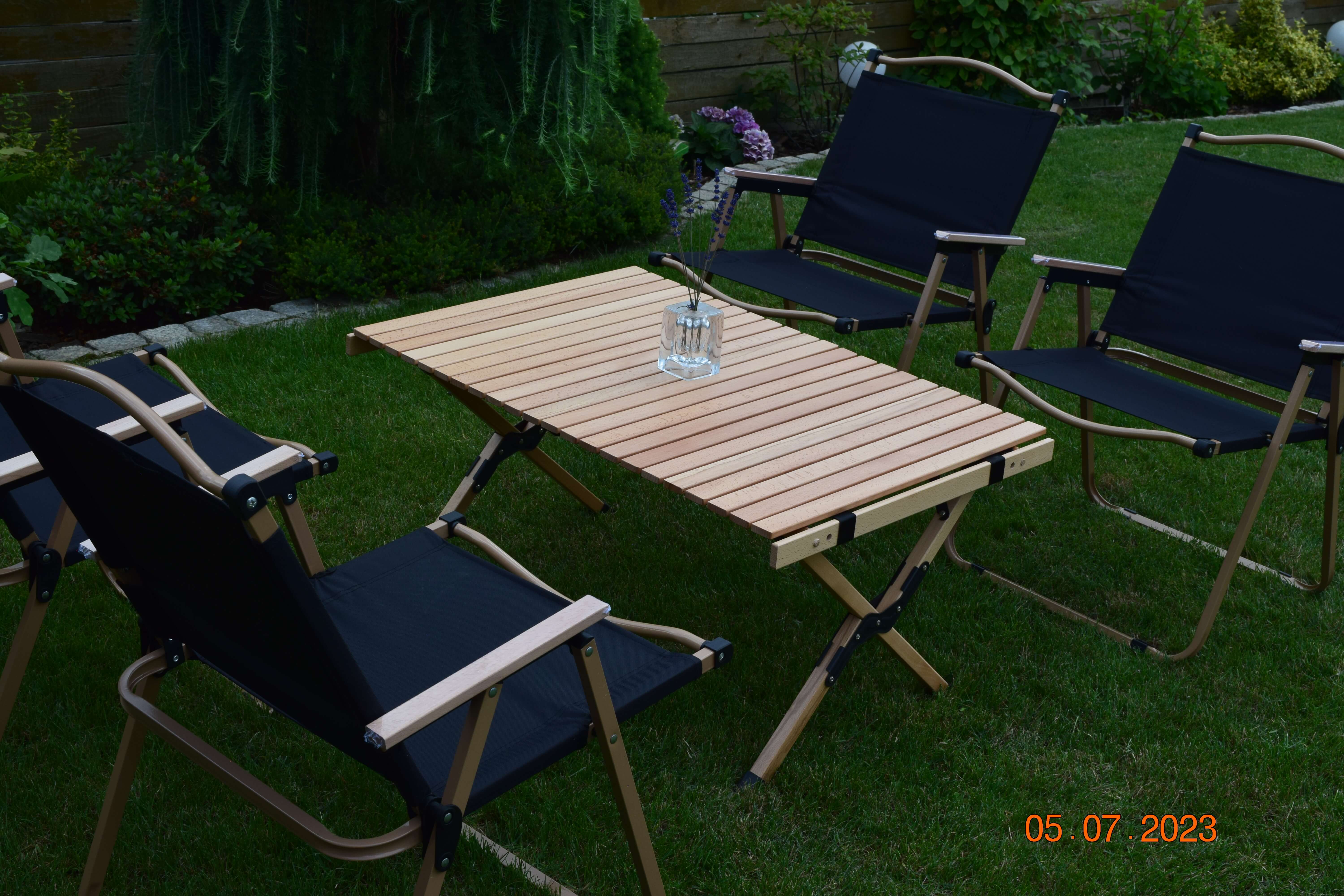 meble ogrodowe składany stół krzesło do kampera zestaw camping turystyczny buk drewno 4+1  720 zł promocja